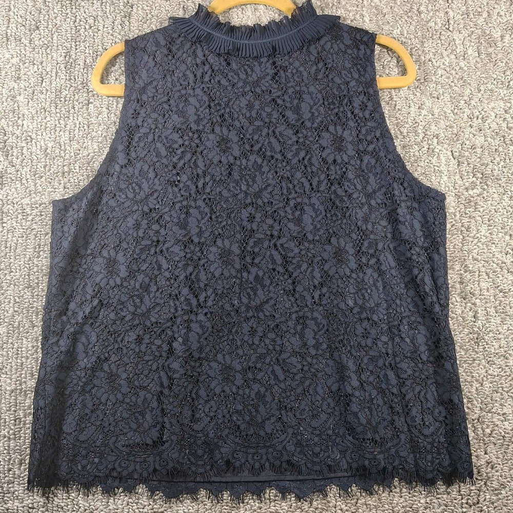 J.Crew Lace Sleeveless Top Navy Blue Ruffle Neck Keyhole Women XL Regencycore
